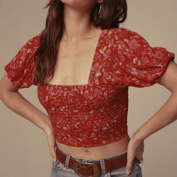 NWT Band of the Free Joelle Floral Smocked Crop Top Sz. L [12] Crimson Pink - Picture 3 of 10